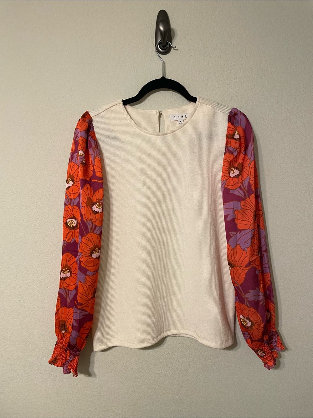 THML Floral Puff Sleeve Mixed Media Ribbed Top Cream Purple Orange M